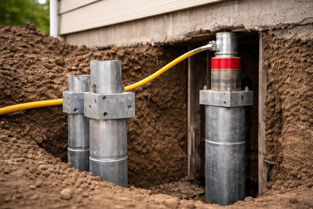 Steel pier installation for foundation stabilization in Star Idaho